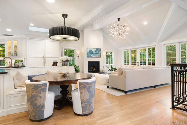Dining room, Fireplace, Interior, Living room, Pendant Lights, Recessed Lighting, Wood Texture Flooring
