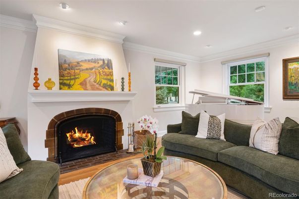 Fireplace, Interior, Living room, Piano, Recessed Lighting, Wood Texture Flooring
