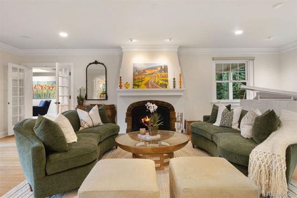 Fireplace, Interior, Living room, Recessed Lighting, Wood Texture Flooring