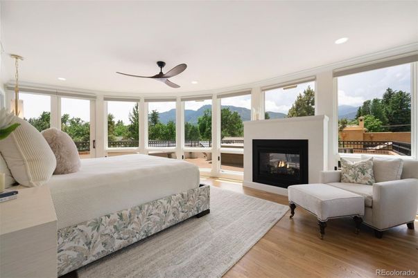 Bedroom, Fireplace, Interior, Recessed Lighting, Wood Texture Flooring