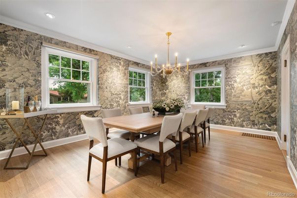 Chandelier, Dining room, Interior, Recessed Lighting, Wood Texture Flooring