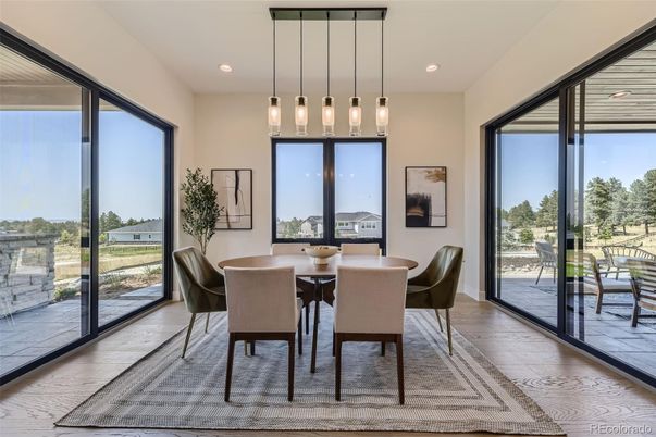 Dining room, Interior, Pendant Lights, Recessed Lighting, Wood Texture Flooring