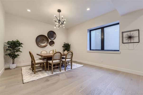 Dining room, Interior, Pendant Lights, Recessed Lighting, Wood Texture Flooring