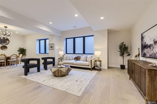 Dining room, Interior, Living room, Pendant Lights, Recessed Lighting, Wood Texture Flooring