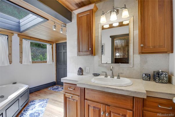 Bathroom, Interior, Tile Countertops, Wooden Ceilings, Wood Texture Flooring