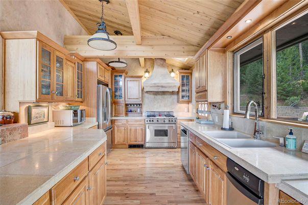 Interior, Kitchen, Pendant Lights, Recessed Lighting, Stainless Steel Appliances, Wooden Beams, Wooden Ceilings, Wood Texture Flooring