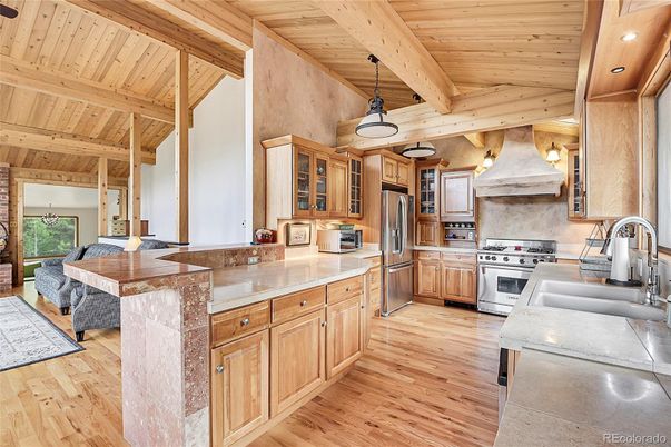 Interior, Kitchen, Pendant Lights, Recessed Lighting, Stainless Steel Appliances, Wooden Beams, Wooden Ceilings, Wood Texture Flooring