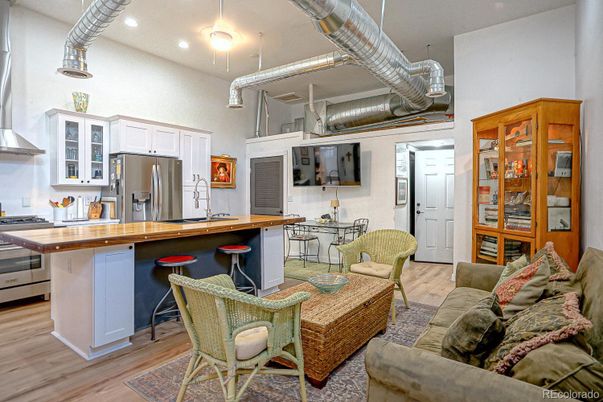 Interior, Kitchen, Living room, Recessed Lighting, Stainless Steel Appliances, Wood Texture Flooring
