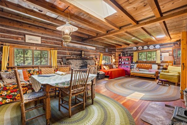 Dining room, Fireplace, Interior, Living room, Pendant Lights, Wooden Beams, Wooden Ceilings, Wood Texture Flooring, Wooden Walls