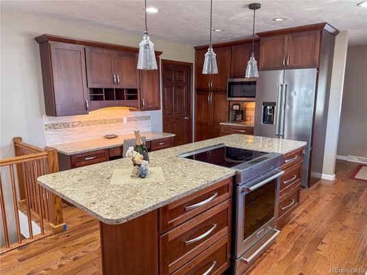 Interior, Kitchen, Pendant Lights, Recessed Lighting, Stainless Steel Appliances, Wood Texture Flooring