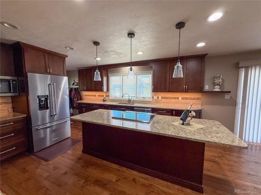 Interior, Kitchen, Pendant Lights, Recessed Lighting, Stainless Steel Appliances, Wood Texture Flooring