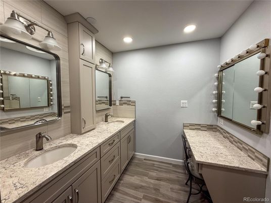 Bathroom, Dual Sink Vanities, Interior, Recessed Lighting, Wood Texture Flooring