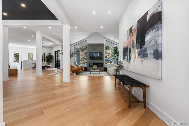 Fireplace, Interior, Living room, Recessed Lighting, Wood Texture Flooring