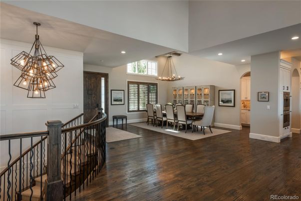 Chandelier, Dining room, Interior, Pendant Lights, Recessed Lighting, Wood Texture Flooring
