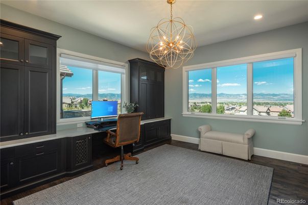 Chandelier, Home Office, Interior, Recessed Lighting, Wood Texture Flooring