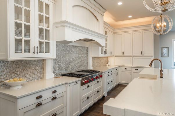 Chandelier, Interior, Kitchen, Recessed Lighting, Stainless Steel Appliances, Wood Texture Flooring