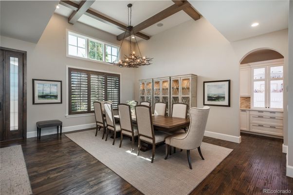 Chandelier, Dining room, Interior, Recessed Lighting, Wooden Beams, Wood Texture Flooring