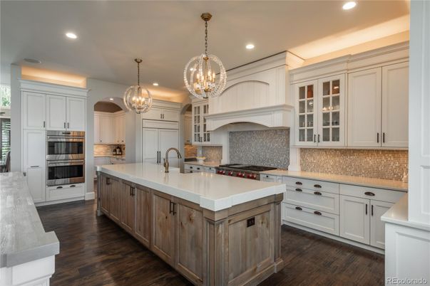 Chandelier, Interior, Kitchen, Pendant Lights, Recessed Lighting, Stainless Steel Appliances, Wood Texture Flooring
