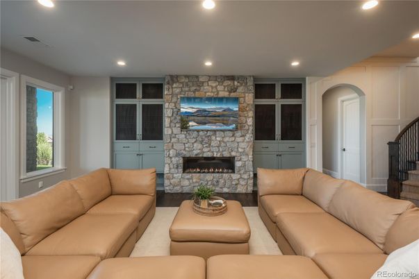 Fireplace, Interior, Living room, Recessed Lighting, Stone Walls