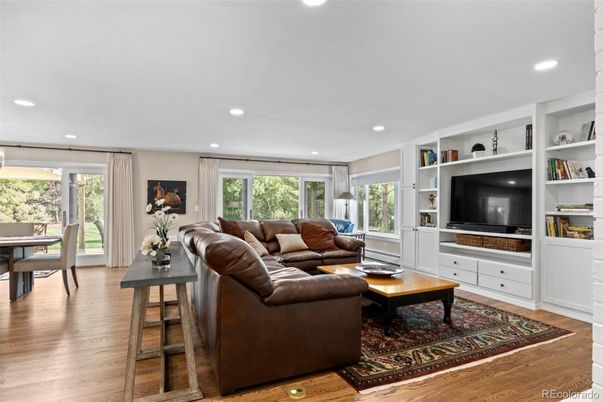 Dining room, Interior, Living room, Recessed Lighting, Wood Texture Flooring