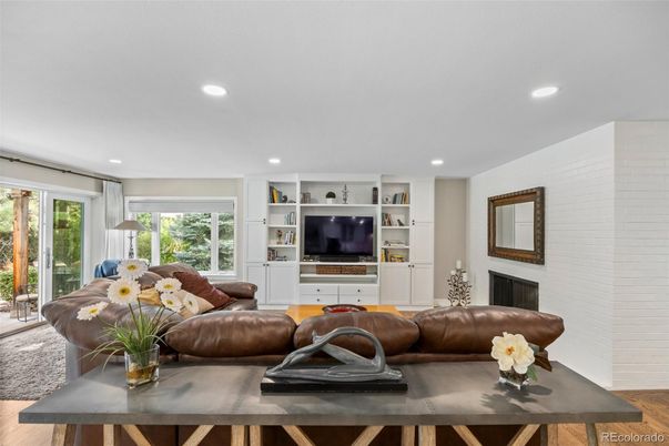 Fireplace, Interior, Living room, Recessed Lighting, Wood Texture Flooring