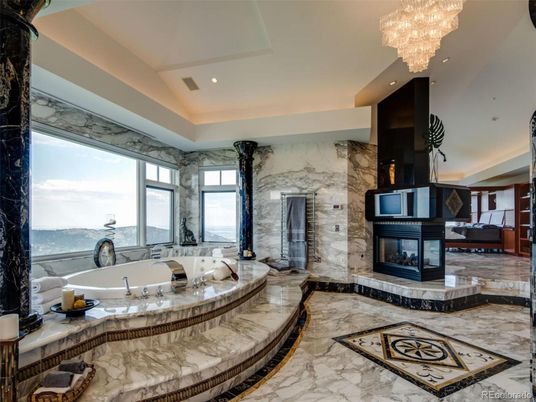 Bathroom, Chandelier, Fireplace, Interior, Marble, Marble Walls, Recessed Lighting