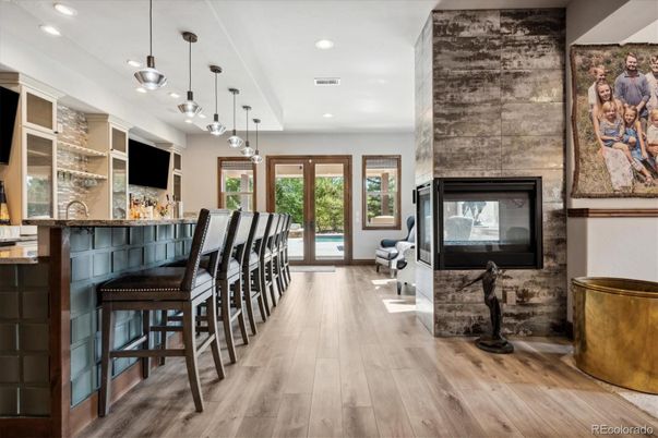Fireplace, Interior, Pendant Lights, Recessed Lighting, Wood Texture Flooring