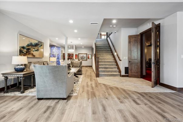 Dining room, Interior, Living room, Pendant Lights, Recessed Lighting, Wood Texture Flooring