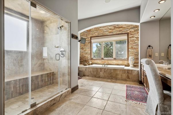 Bathroom, Glass Shower, Interior, Recessed Lighting, Stone Walls