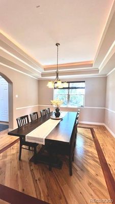 Dining room, Interior, Pendant Lights, Wood Texture Flooring