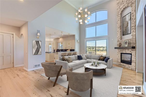 Fireplace, Interior, Kitchen, Living room, Pendant Lights, Recessed Lighting, Wood Texture Flooring