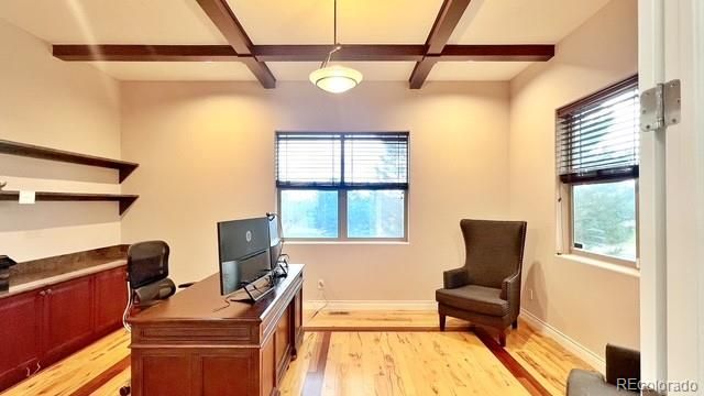 Home Office, Interior, Pendant Lights, Wooden Beams, Wood Texture Flooring