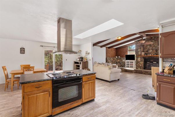 Dining room, Fireplace, Interior, Kitchen, Living room, Stone Walls, Wooden Beams, Wood Texture Flooring