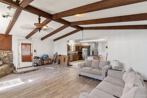 Dining room, Interior, Kitchen, Living room, Wooden Beams, Wood Texture Flooring