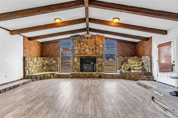 Fireplace, Interior, Stone Walls, Wooden Beams, Wood Texture Flooring