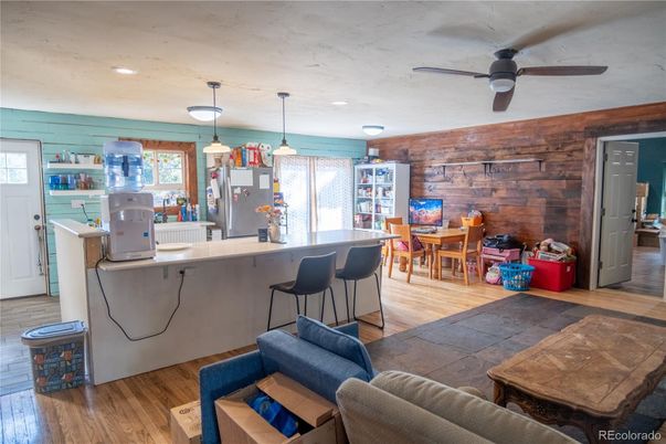 Dining room, Interior, Kitchen, Pendant Lights, Recessed Lighting, Wood Texture Flooring, Wooden Walls
