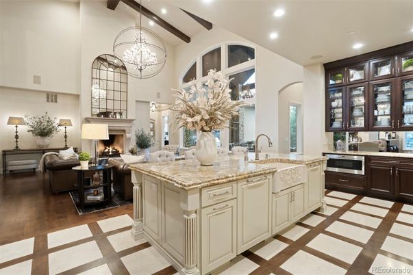 Chandelier, Fireplace, Interior, Kitchen, Living room, Recessed Lighting, Wooden Beams, Wood Texture Flooring