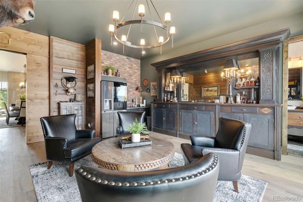 Chandelier, Interior, Living room, Stone Walls, Wood Texture Flooring, Wooden Walls