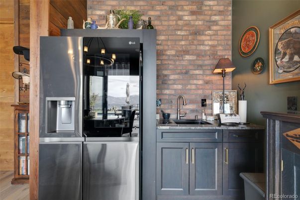Interior, Kitchen, Pendant Lights, Stone Walls, Wood Texture Flooring