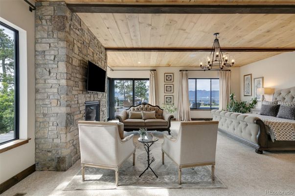 Chandelier, Fireplace, Interior, Living room, Stone Walls, Wooden Beams, Wooden Ceilings