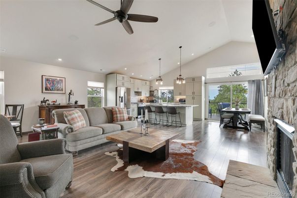 Dining room, Interior, Kitchen, Living room, Pendant Lights, Recessed Lighting, Stainless Steel Appliances, Wood Texture Flooring