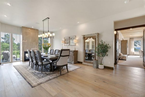 Chandelier, Dining room, Interior, Recessed Lighting, Wood Texture Flooring