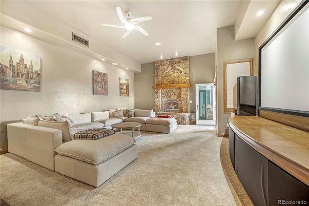 Fireplace, Interior, Living room, Recessed Lighting, Stone Walls
