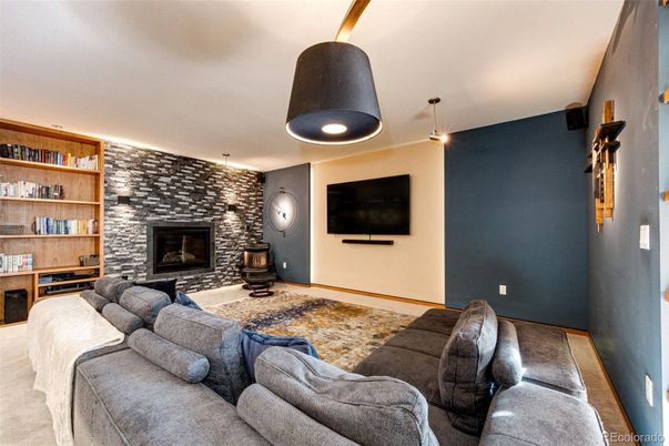 Fireplace, Interior, Living room, Pendant Lights, Stone Walls