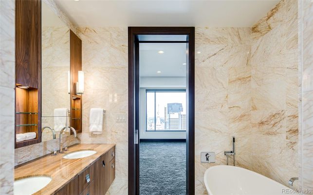 Bathroom, Dual Sink Vanities, Interior, Marble Walls, Recessed Lighting