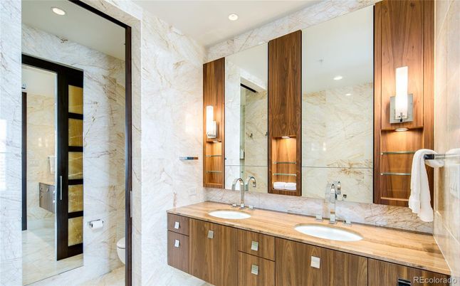 Bathroom, Dual Sink Vanities, Interior, Marble Walls, Recessed Lighting