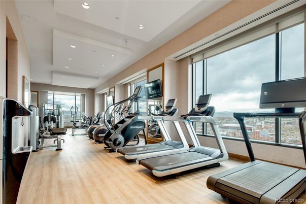 Fitness Equipment, Gym, Interior, Recessed Lighting, Wood Texture Flooring