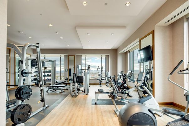 Fitness Equipment, Gym, Interior, Recessed Lighting, Wood Texture Flooring