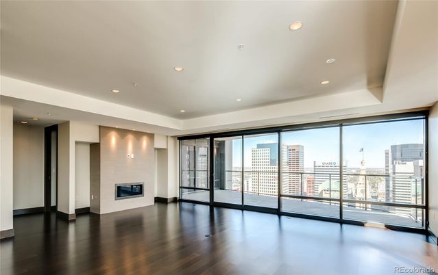 Empty room, Fireplace, Interior, Recessed Lighting, Wood Texture Flooring