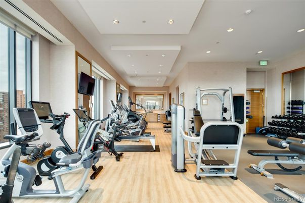 Fitness Equipment, Gym, Interior, Recessed Lighting, Wood Texture Flooring